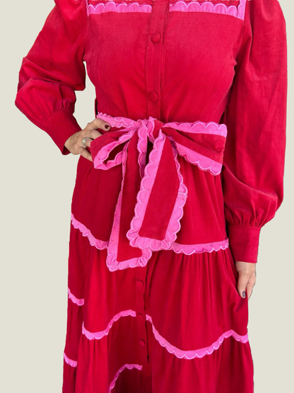 Women's Button Down Scalloped Tiered Corduroy Dress (Buy 2 Free Shipping)