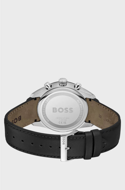 BLACK-DIAL CHRONOGRAPH WATCH WITH LEATHER STRAP